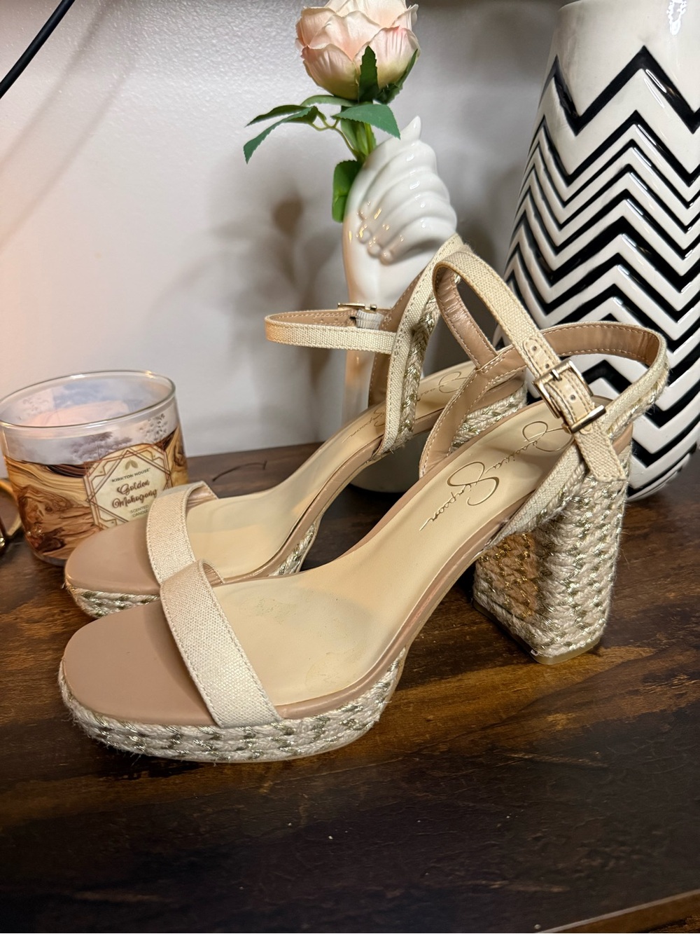 Jessica Simpson Beige Espadrille Block Heel Sandals with Ankle Strap